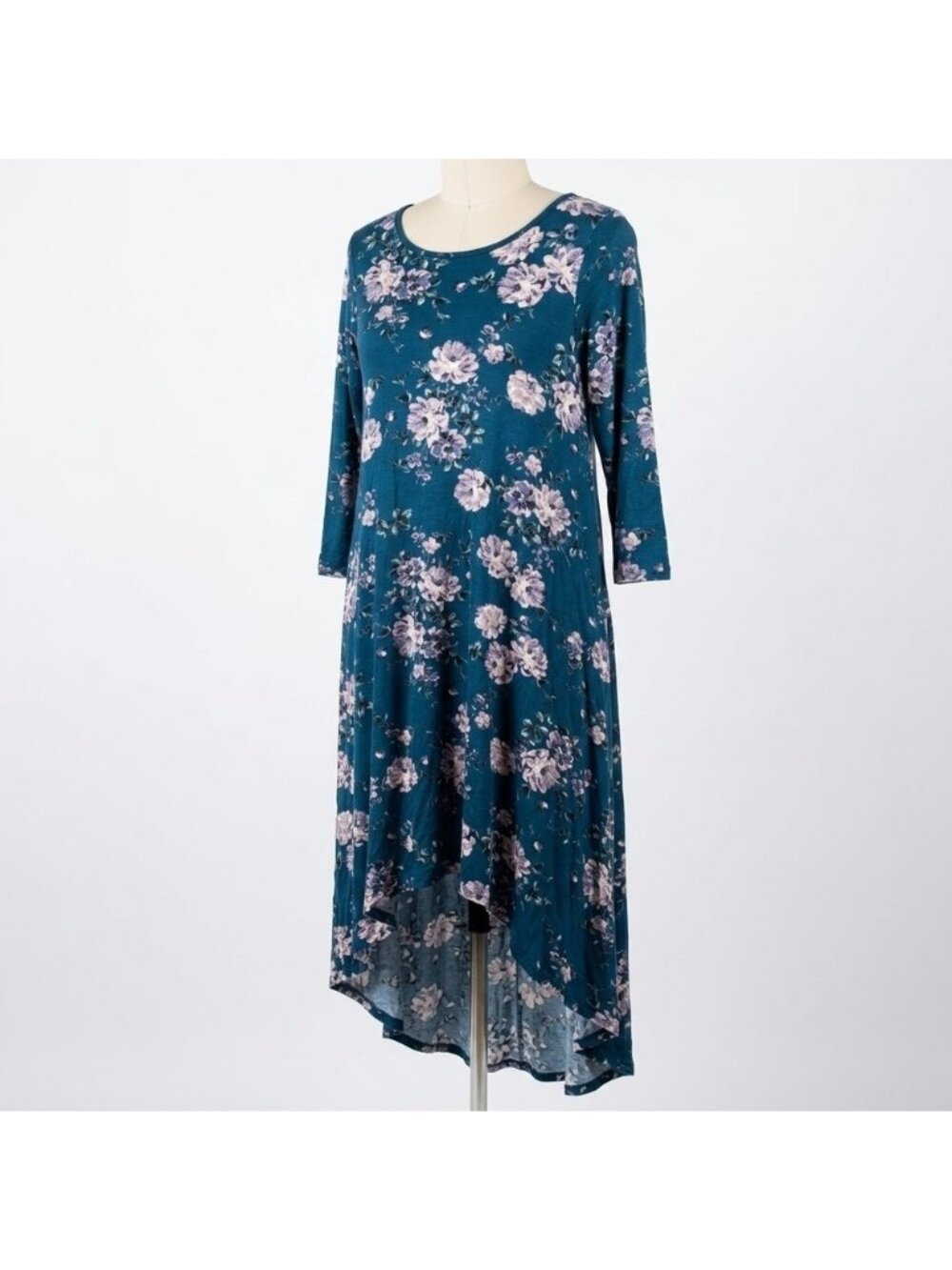 Bellamie Floral High-Low Dress Teal Blue 3/4 Sleeve Rayon Spandex Large